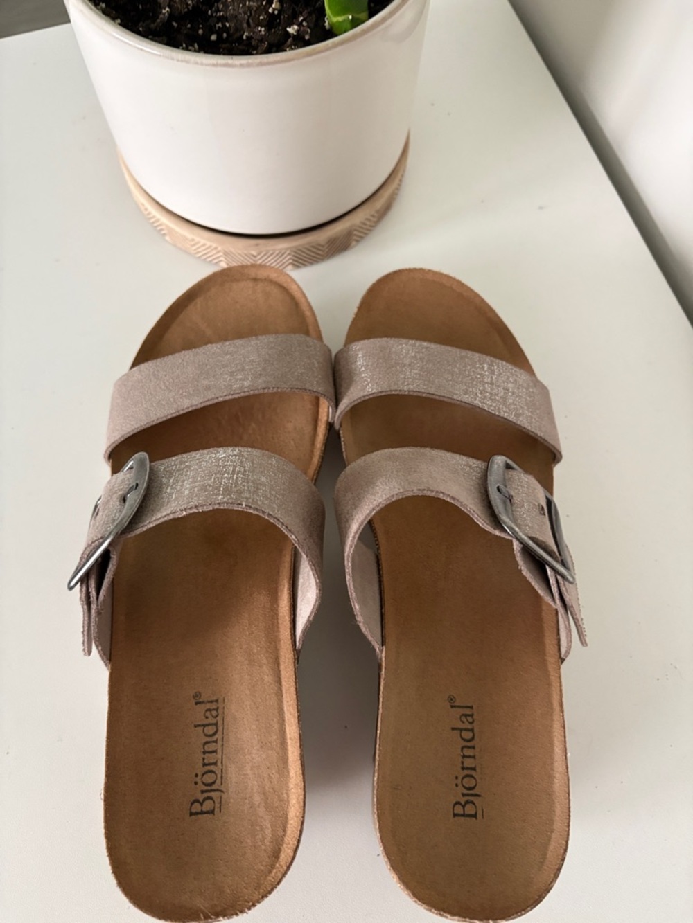 Women's Bjorndal Shimmery Taupe Wedge Slide Sandals with Buckle - Picture 8 of 12